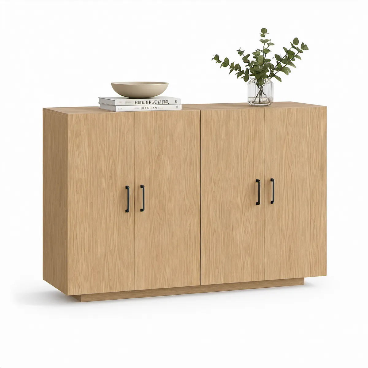 Natural Oak MDF Storage Cabinet with 4 Doors and Black Handles, 120 x 40 x 90 cm