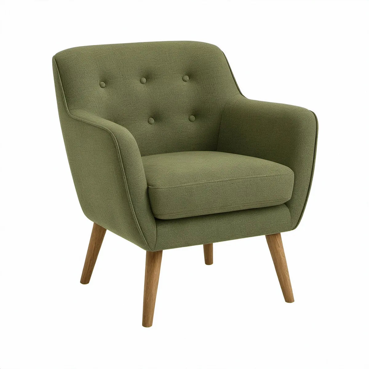 Mid-Century Modern Tufted Olive Green Polyester Armchair, 31.5 x 33 x 35 in, Natural Brown Rubberwood Legs