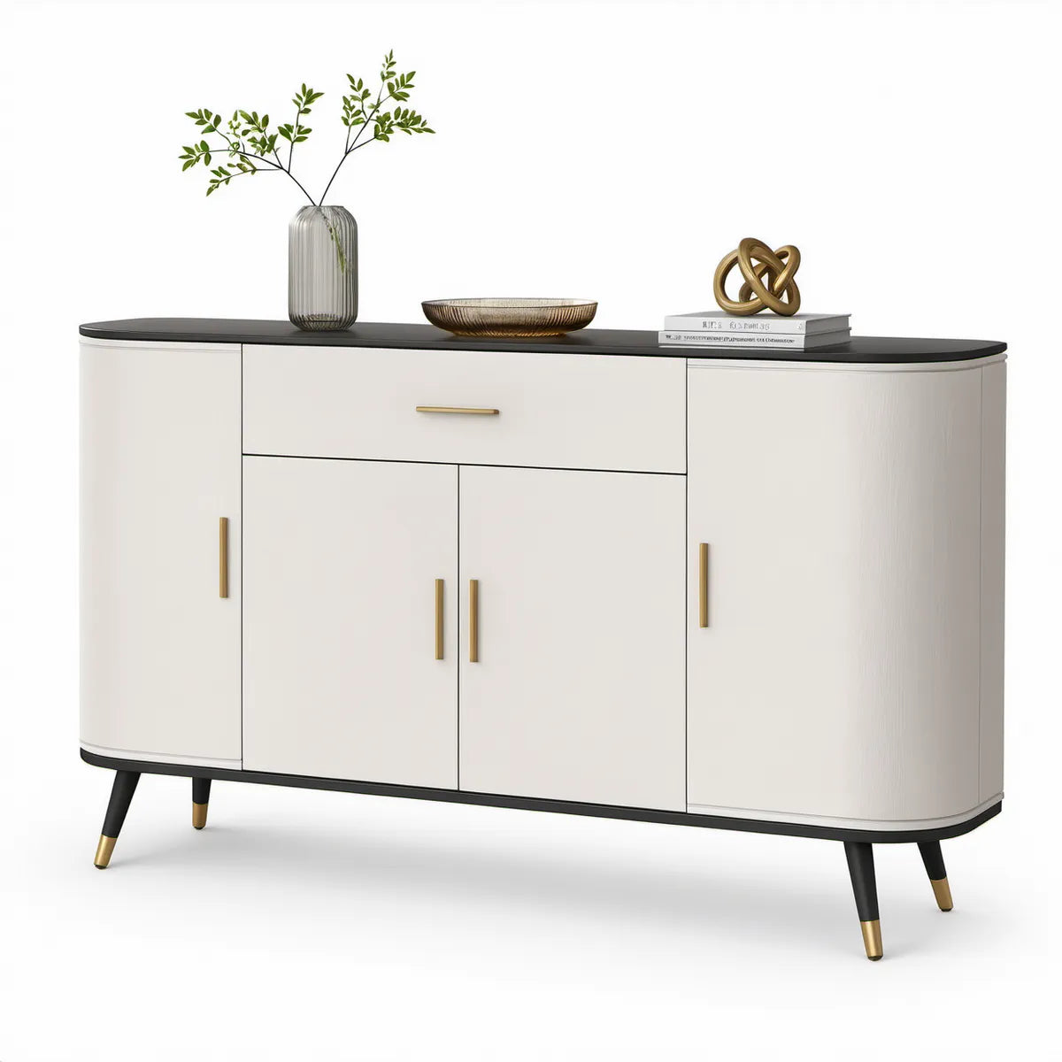 White and Black 4-Door Storage Unit with Drawer, Brass Hardware, 63 x 15.7 x 33.5 in