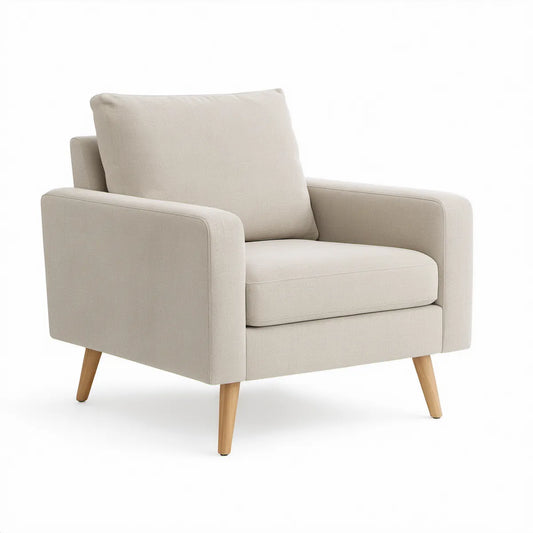 Cream Polyester Upholstered Armchair with Natural Wood Legs, 33.5 x 35 x 34.5 in