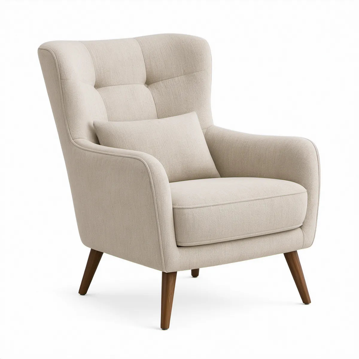 Beige Wingback Accent Chair with Lumbar Pillow, Brown Wood Legs, 32 x 35 x 40 in
