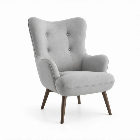 Light Gray Button-Tufted Wingback Chair with Dark Brown Rubberwood Legs, 31.5 x 34 x 40 in