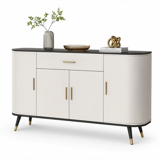White and Black 4-Door Storage Unit with Drawer, Brass Hardware, 63 x 15.7 x 33.5 in