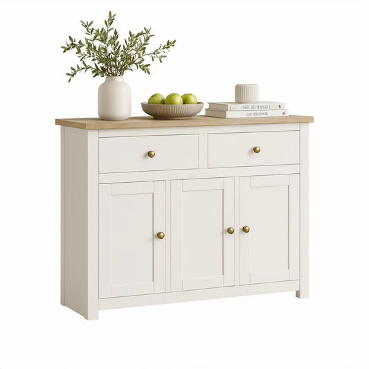 47.2 in White and Natural Wood Grain Storage Cabinet with 2 Drawers and 3 Doors, Bronze Knobs