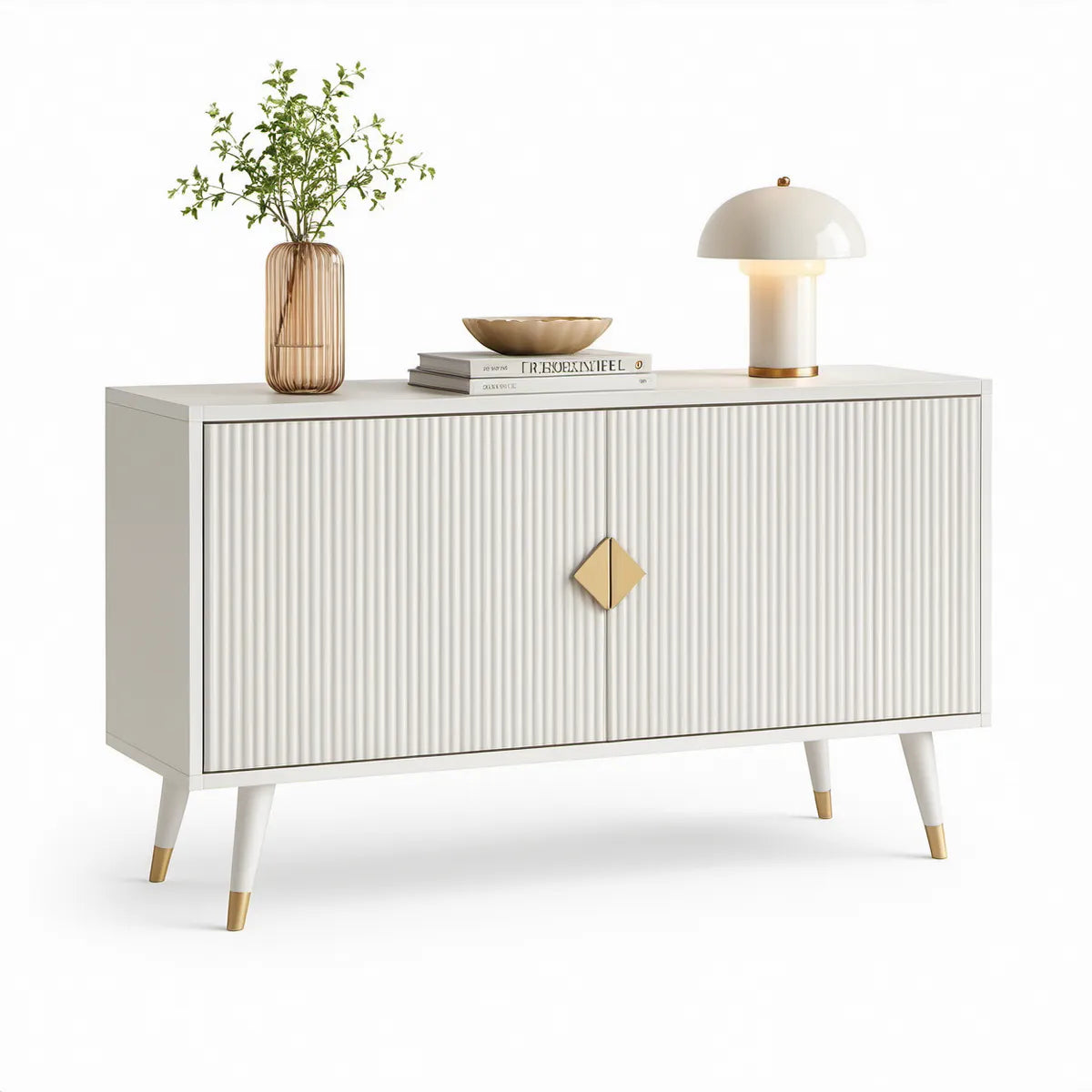 55.1 in White and Gold Fluted MDF Sideboard Buffet Cabinet with 2 Doors